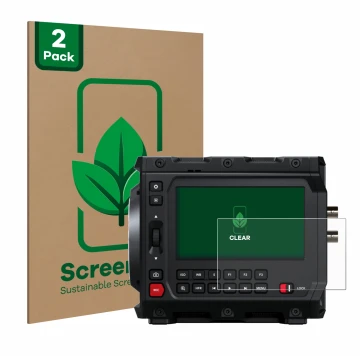 Front side of a product packaging with the brand logo ScreenLeaf. Next to it is the device Blackmagic Design Pyxis 6K 4