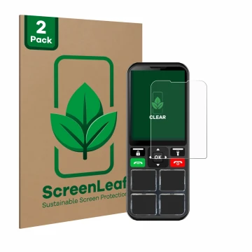 Front side of a product packaging with the brand logo ScreenLeaf. Next to it is the device Geemarc CL8000 shown with the corre