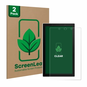 Front side of a product packaging with the brand logo ScreenLeaf. Next to it is the device SONOFF NSPanel Pro 120 shown with t