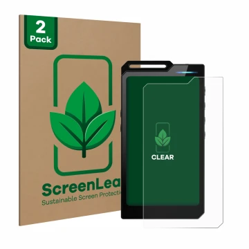 Front side of a product packaging with the brand logo ScreenLeaf. Next to it is the device Hiby R4 shown with the correspondin