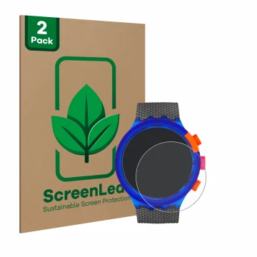 Front side of a product packaging with the brand logo ScreenLeaf. Next to it is the device Swatch Neon Party shown with the co