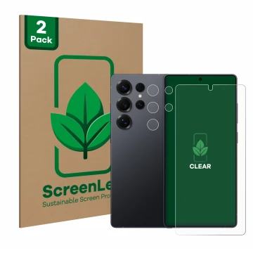 Front side of a product packaging with the brand logo ScreenLeaf. Next to it is the device Samsung Galaxy S25 Ultra Enterprise