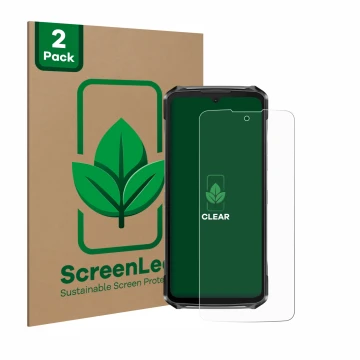 Front side of a product packaging with the brand logo ScreenLeaf. Next to it is the device Doogee S119 shown with the correspo