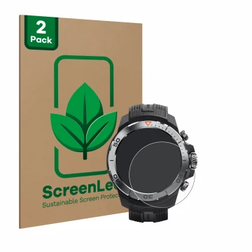 Front side of a product packaging with the brand logo ScreenLeaf. Next to it is the device Xiaomi Mibro GS Explorer shown with