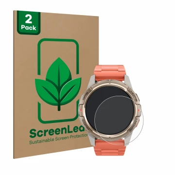 Front side of a product packaging with the brand logo ScreenLeaf. Next to it is the device Xiaomi Mibro GS Active shown with t