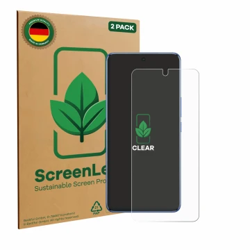 Front side of a product packaging with the brand logo ScreenLeaf. Next to it is the device Vivo V50 shown with the correspondi