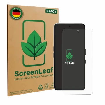 Front side of a product packaging with the brand logo ScreenLeaf. Next to it is the device Nothing Phone (3a) shown with the c
