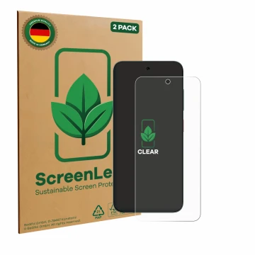 Front side of a product packaging with the brand logo ScreenLeaf. Next to it is the device ZTE Blade V70 shown with the corres