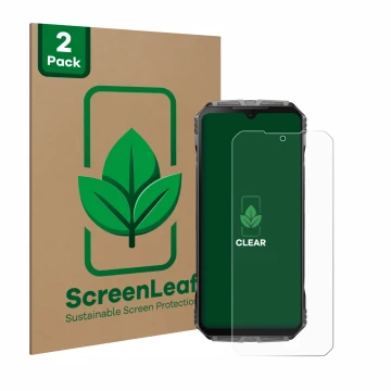 Front side of a product packaging with the brand logo ScreenLeaf. Next to it is the device Doogee S Cyber Pro shown with the c