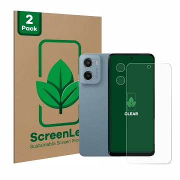 Front side of a product packaging with the brand logo ScreenLeaf. Next to it is the device Motorola Moto E15 (Front+Camera) sh
