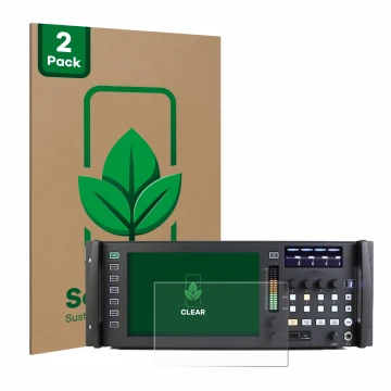 Front side of a product packaging with the brand logo ScreenLeaf. Next to it is the device Behringer Wing Rack shown with the 
