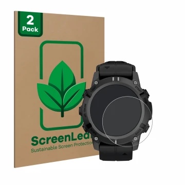 Front side of a product packaging with the brand logo ScreenLeaf. Next to it is the device Garmin Descent G2 shown with the co