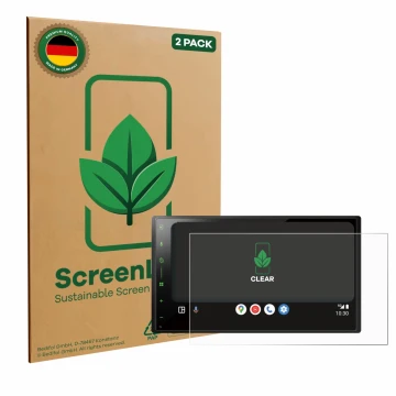 Front side of a product packaging with the brand logo ScreenLeaf. Next to it is the device Pioneer SPH-DA77DAB shown with the 