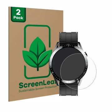 Front side of a product packaging with the brand logo ScreenLeaf. Next to it is the device Tracer Smartwatch SM9 shown with th