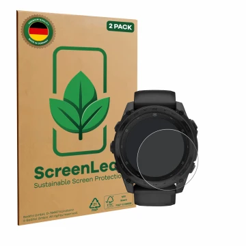 Front side of a product packaging with the brand logo ScreenLeaf. Next to it is the device Garmin Tactix 8 AMOLED (51 mm) show