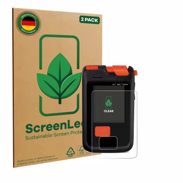Front side of a product packaging with the brand logo ScreenLeaf. Next to it is the device Mammut Barryvox S2 shown with the c