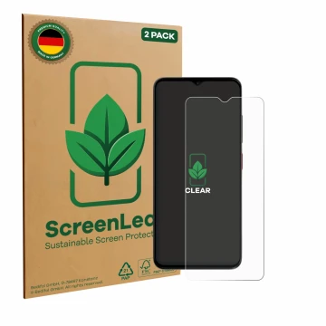 Front side of a product packaging with the brand logo ScreenLeaf. Next to it is the device ZTE Blade A35e shown with the corre