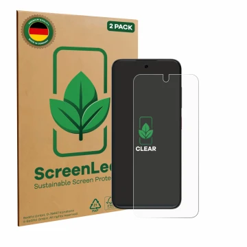 Front side of a product packaging with the brand logo ScreenLeaf. Next to it is the device ZTE Blade V70 Vita shown with the c