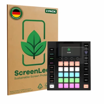 Front side of a product packaging with the brand logo ScreenLeaf. Next to it is the device Wolfmix W1 MK2 shown with the corre