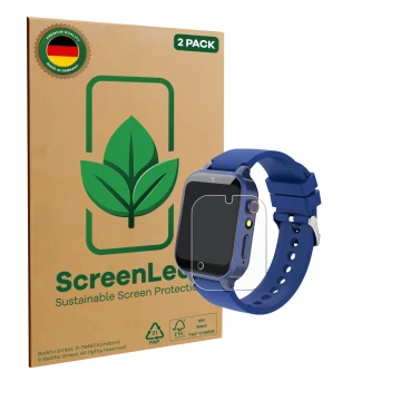 Front side of a product packaging with the brand logo ScreenLeaf. Next to it is the device Ruopoem Kids Smartwatch 1.54