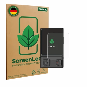 Front side of a product packaging with the brand logo ScreenLeaf. Next to it is the device Hoverair Beacon shown with the corr