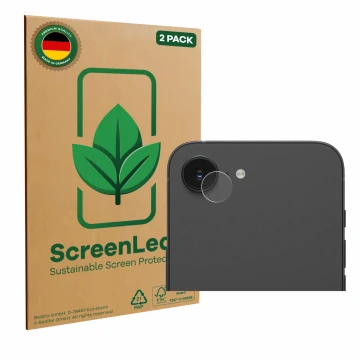 Front side of a product packaging with the brand logo ScreenLeaf. Next to it is the device Apple iPhone 16e (ONLY Camera Lens)