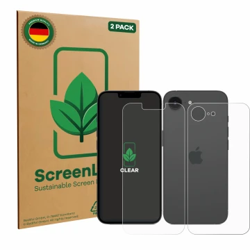 Front side of a product packaging with the brand logo ScreenLeaf. Next to it is the device Apple iPhone 16e (Front+Back) shown