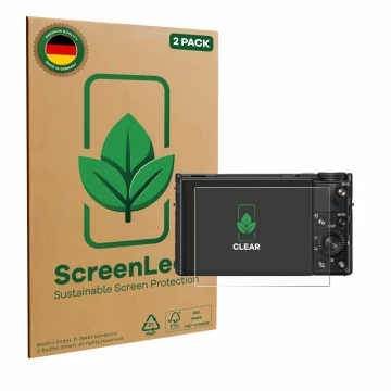 Front side of a product packaging with the brand logo ScreenLeaf. Next to it is the device Sony Cyber-Shot DSC-RX100 VIIA show