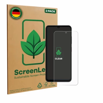Front side of a product packaging with the brand logo ScreenLeaf. Next to it is the device ZTE Blade A55 shown with the corres