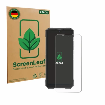 Front side of a product packaging with the brand logo ScreenLeaf. Next to it is the device Doogee S200X shown with the corresp