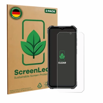 Front side of a product packaging with the brand logo ScreenLeaf. Next to it is the device Oukitel G1 shown with the correspon