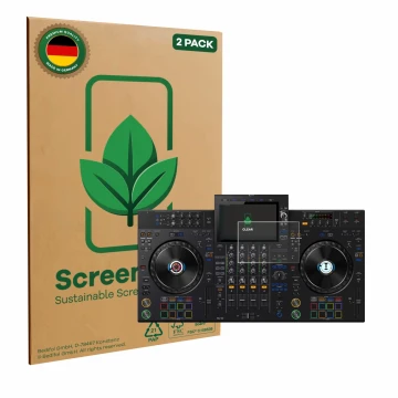 Front side of a product packaging with the brand logo ScreenLeaf. Next to it is the device Pioneer XDJ-AZ shown with the corre