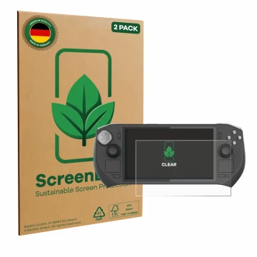 Front side of a product packaging with the brand logo ScreenLeaf. Next to it is the device Zotac Gaming Zone shown with the co
