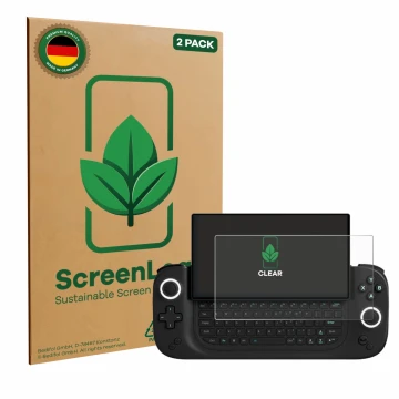 Front side of a product packaging with the brand logo ScreenLeaf. Next to it is the device Antec Core HS shown with the corres