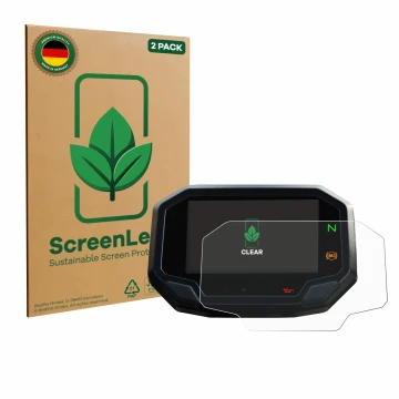 Front side of a product packaging with the brand logo ScreenLeaf. Next to it is the device Kawasaki Versys 650 2022+ shown wit