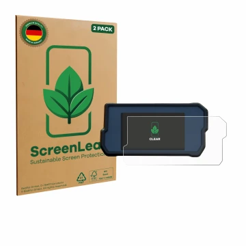 Front side of a product packaging with the brand logo ScreenLeaf. Next to it is the device KTM 390 / 890 Adventure 2020+ shown