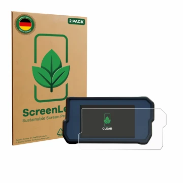 Front side of a product packaging with the brand logo ScreenLeaf. Next to it is the device KTM RC125 / RC390 2022+ shown with 