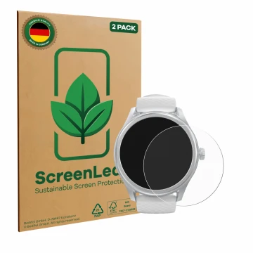Front side of a product packaging with the brand logo ScreenLeaf. Next to it is the device Hama Smartwatch 5010 shown with the