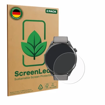 Front side of a product packaging with the brand logo ScreenLeaf. Next to it is the device Hama Smartwatch 9000 shown with the
