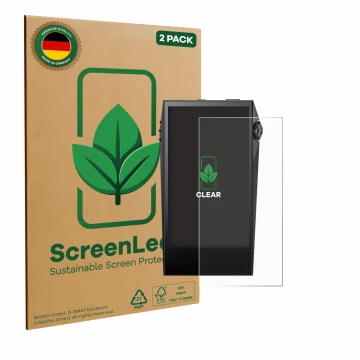 Front side of a product packaging with the brand logo ScreenLeaf. Next to it is the device Astell&Kern SP3000M shown with the 