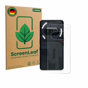 Front side of a product packaging with the brand logo ScreenLeaf. Next to it is the device Nothing Phone (3a) (Back) shown wit