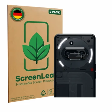 Front side of a product packaging with the brand logo ScreenLeaf. Next to it is the device Nothing Phone (3a) (ONLY Camera Len
