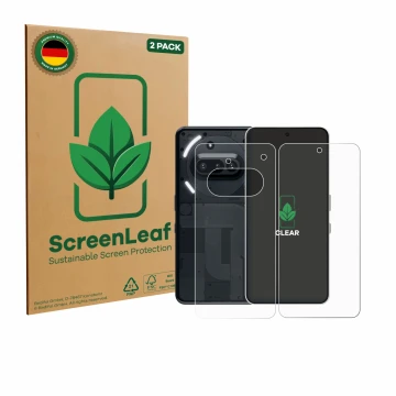Front side of a product packaging with the brand logo ScreenLeaf. Next to it is the device Nothing Phone (3a) (Front+Back) sho
