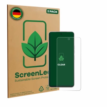 Front side of a product packaging with the brand logo ScreenLeaf. Next to it is the device Tecno Camon 40 Premier shown with t