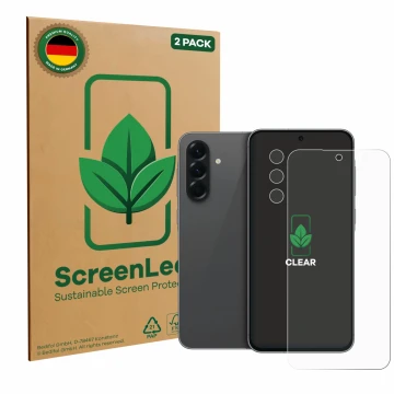 Front side of a product packaging with the brand logo ScreenLeaf. Next to it is the device Samsung Galaxy A56 5G (Front+Camera