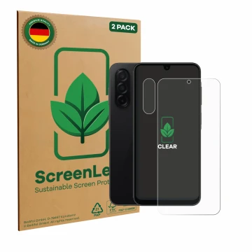 Front side of a product packaging with the brand logo ScreenLeaf. Next to it is the device Samsung Galaxy A26 5G (Front+Camera