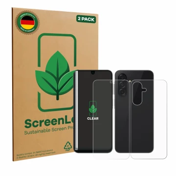 Front side of a product packaging with the brand logo ScreenLeaf. Next to it is the device Samsung Galaxy A26 5G (Front+Back) 