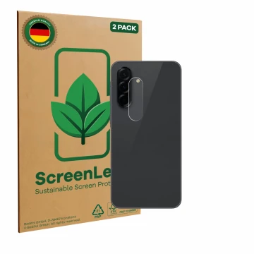 Front side of a product packaging with the brand logo ScreenLeaf. Next to it is the device Samsung Galaxy A36 5G (ONLY Camera 