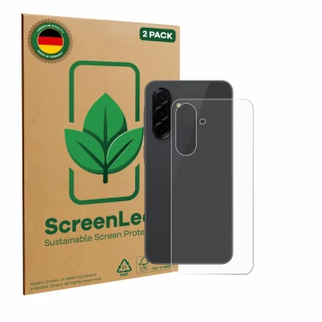 Front side of a product packaging with the brand logo ScreenLeaf. Next to it is the device Samsung Galaxy A36 5G (Back) shown 