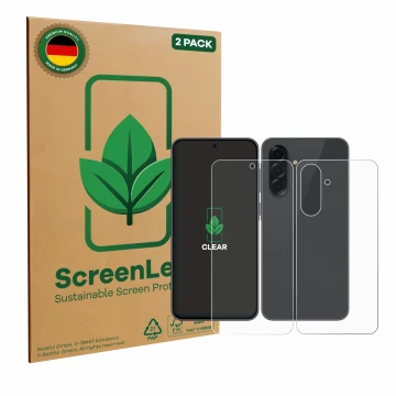 Front side of a product packaging with the brand logo ScreenLeaf. Next to it is the device Samsung Galaxy A36 5G (Front+Back) 